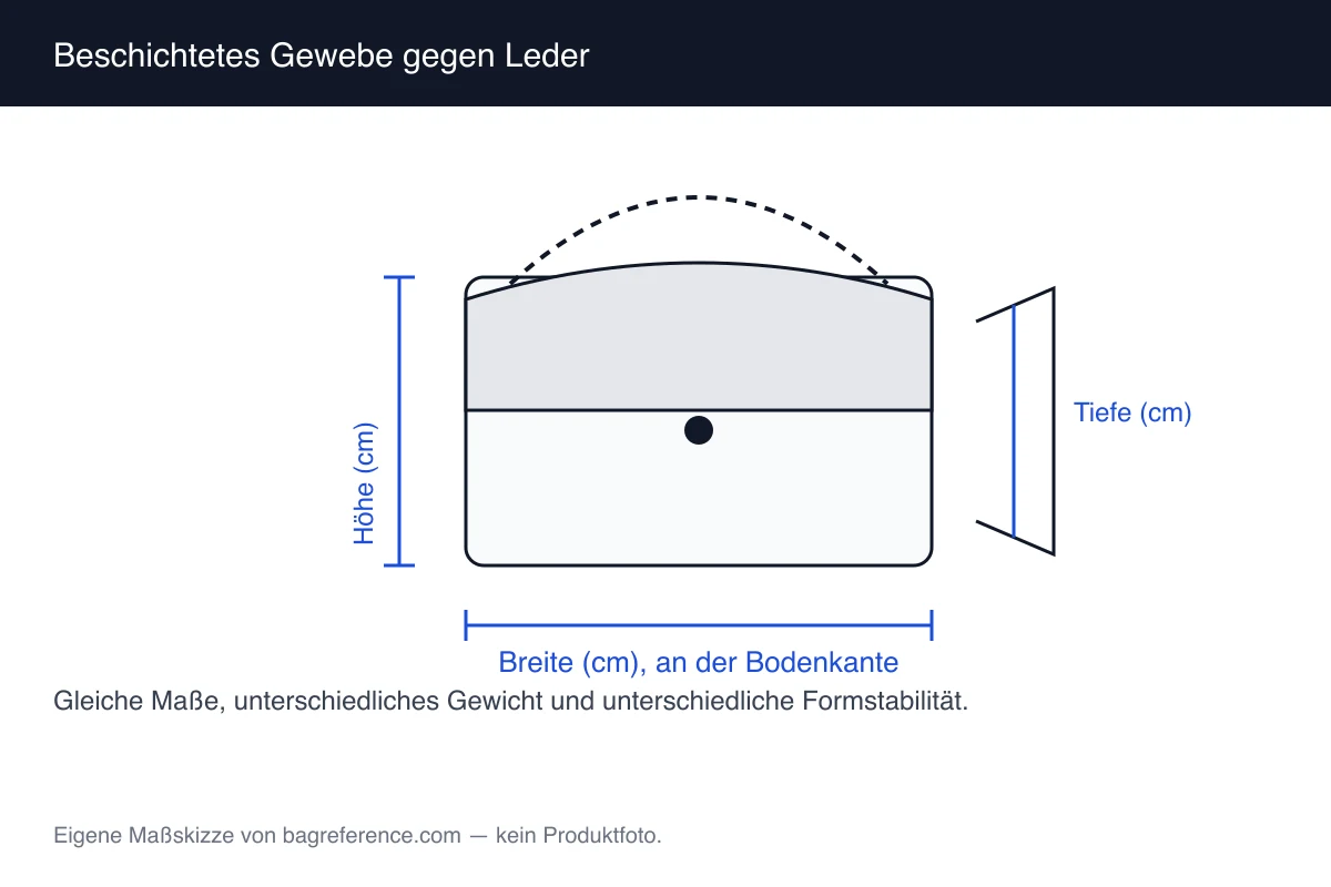 Skizze zweier Shopper-Taschen, links aus beschichtetem Gewebe mit flexiblem Stand, rechts aus Leder mit fester Form