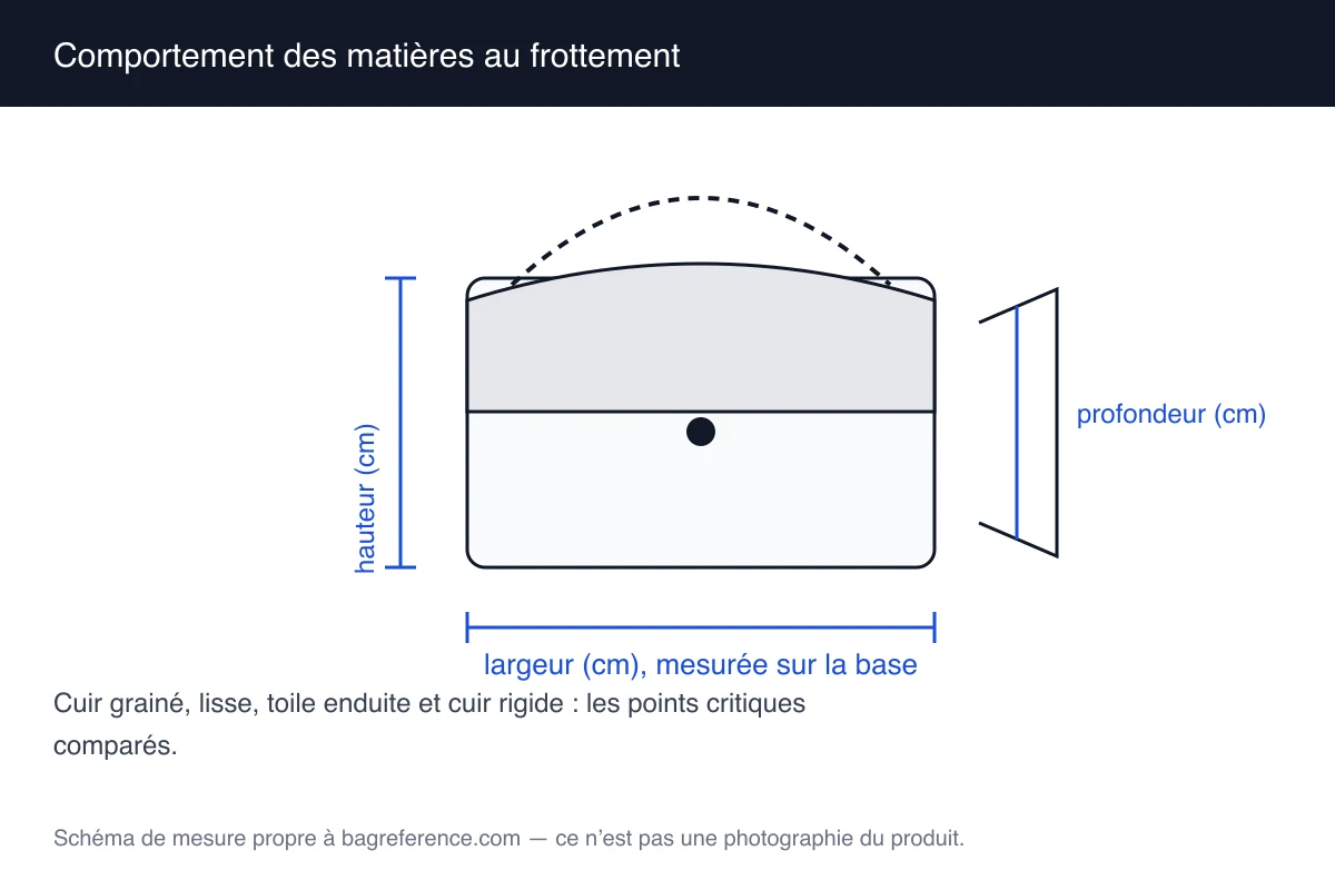 Schéma de quatre échantillons de matière — cuir grainé, cuir lisse, toile enduite et cuir rigide — avec les points critiques indiqués sur les coins