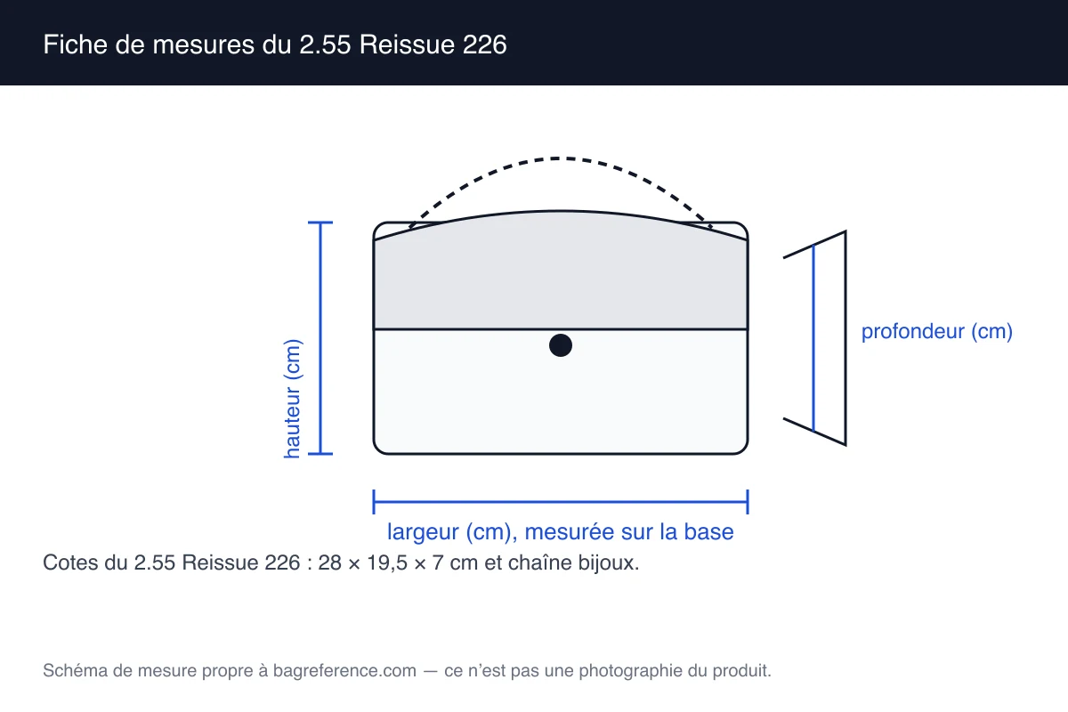 Dessin technique d’un sac matelassé à chaîne métallique de gros maillons, coté 28 cm de largeur, 19,5 cm de hauteur et 7 cm de profondeur
