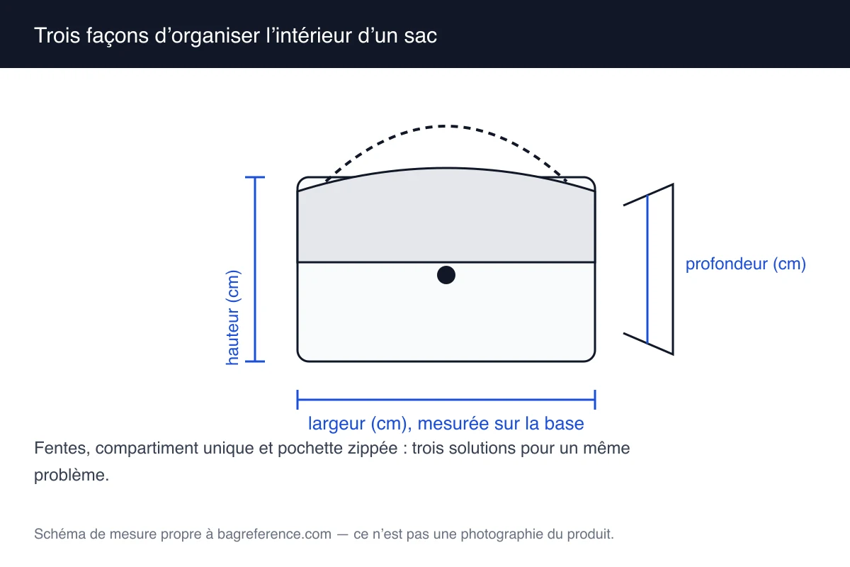 Schéma de trois intérieurs comparés : l’un à fentes à cartes, l’un à compartiment unique et l’un avec une pochette zippée accrochée