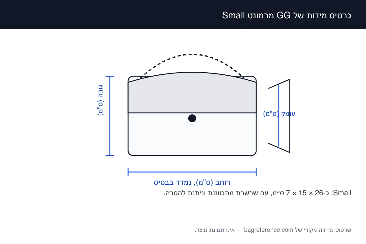 שרטוט מדידה של תיק עם מתלה מרופד, מסומן ברוחב 26 ס״מ, גובה 15 ס״מ ועומק 7 ס״מ