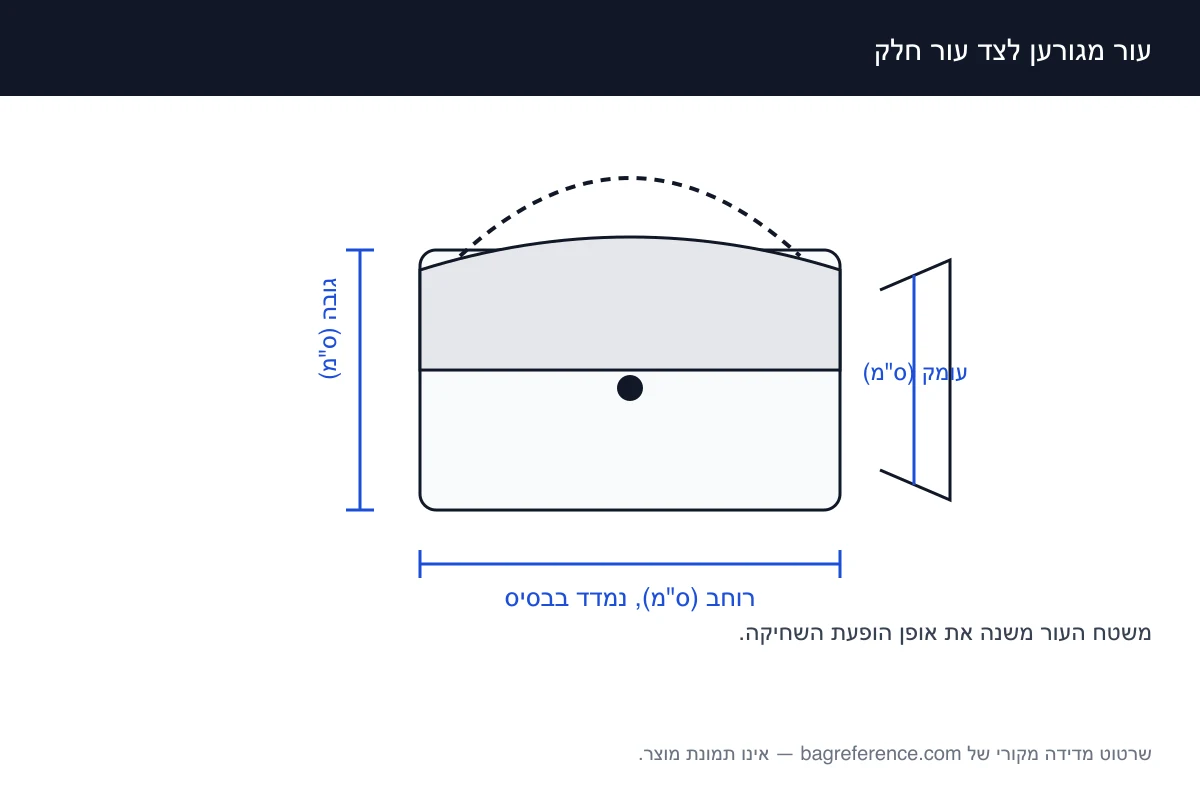 שרטוט של תיק עם אזורים מסומנים למשטח העור ולצידם צירי מדידה