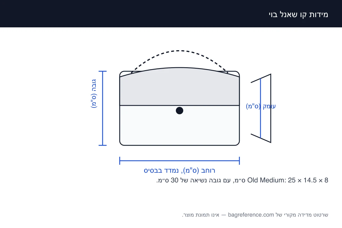 שרטוט מדידה של תיק עם מתלה ושרשרת עבה, מסומן ברוחב 25 ס״מ, גובה 14.5 ס״מ ועומק 8 ס״מ