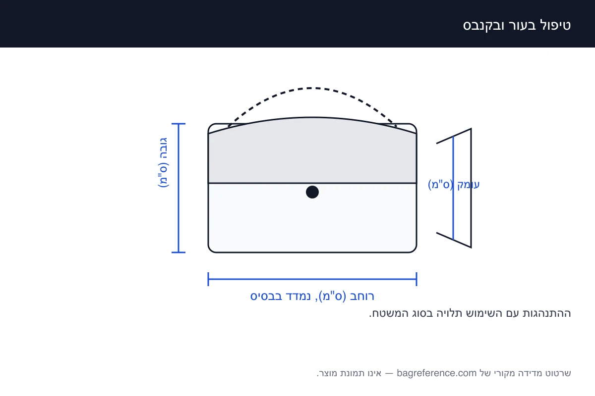 שרטוט של תיק עם אזורים מסומנים לחומר החיצוני ולפנים, ולצידם צירי מדידה