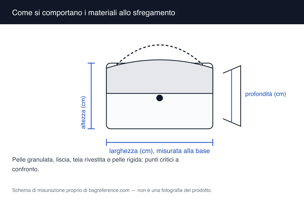 Schema con quattro campioni di materiale — pelle granulata, pelle liscia, tela rivestita e pelle rigida — con i punti critici segnati sugli angoli