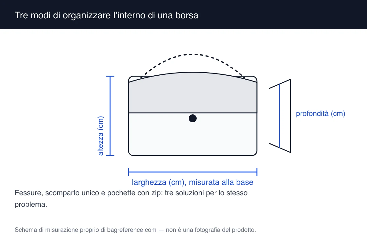 Schema di tre interni a confronto: uno con fessure per le carte, uno con un unico scomparto e uno con una pochette con zip agganciata