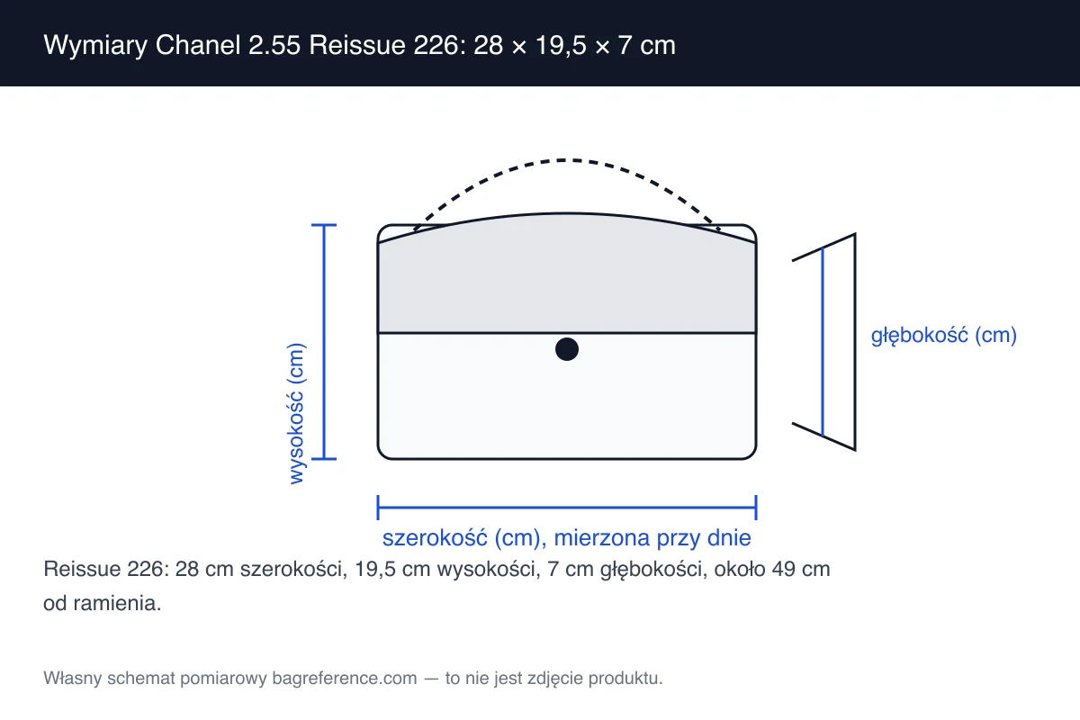 Schemat pomiarowy torebki z klapką i metalowym łańcuszkiem, opisany szerokością 28 cm, wysokością 19,5 cm i głębokością 7 cm