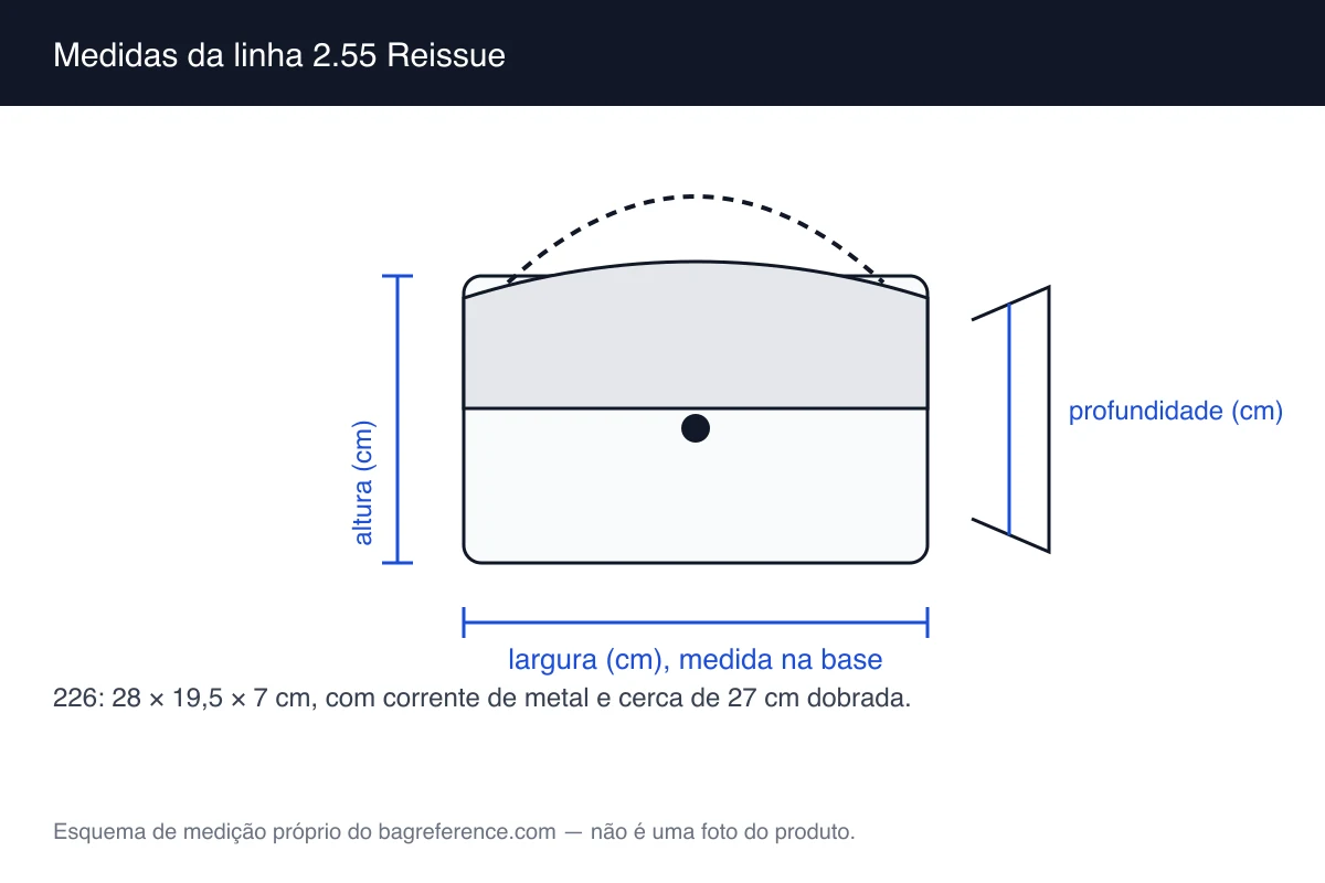 Esquema de medição de uma bolsa com aba e corrente metálica, com largura de 28 cm, altura de 19,5 cm e profundidade de 7 cm marcadas