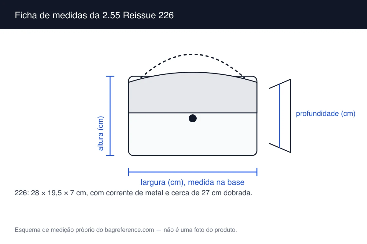 Esquema de medição de uma bolsa com aba e corrente metálica, com largura de 28 cm, altura de 19,5 cm e profundidade de 7 cm marcadas