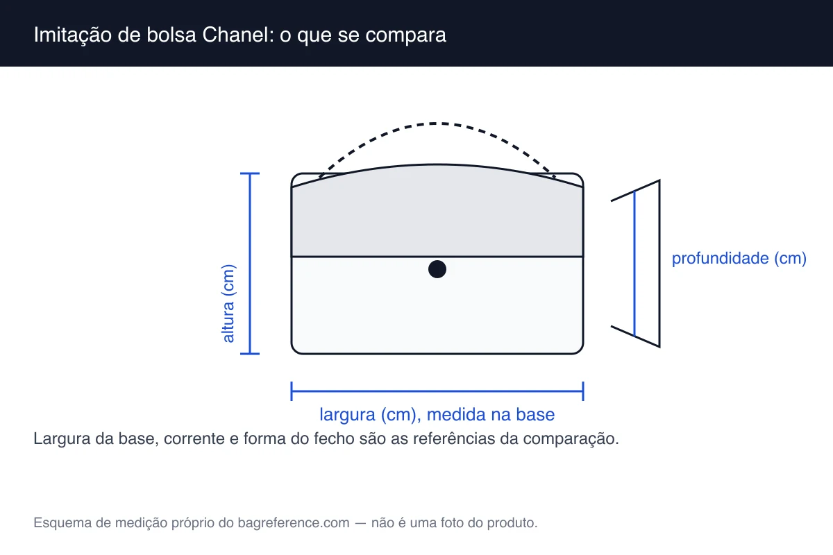 Esquema com duas bolsas de aba lado a lado, com a corrente e a área do fecho destacadas e os eixos de medição marcados