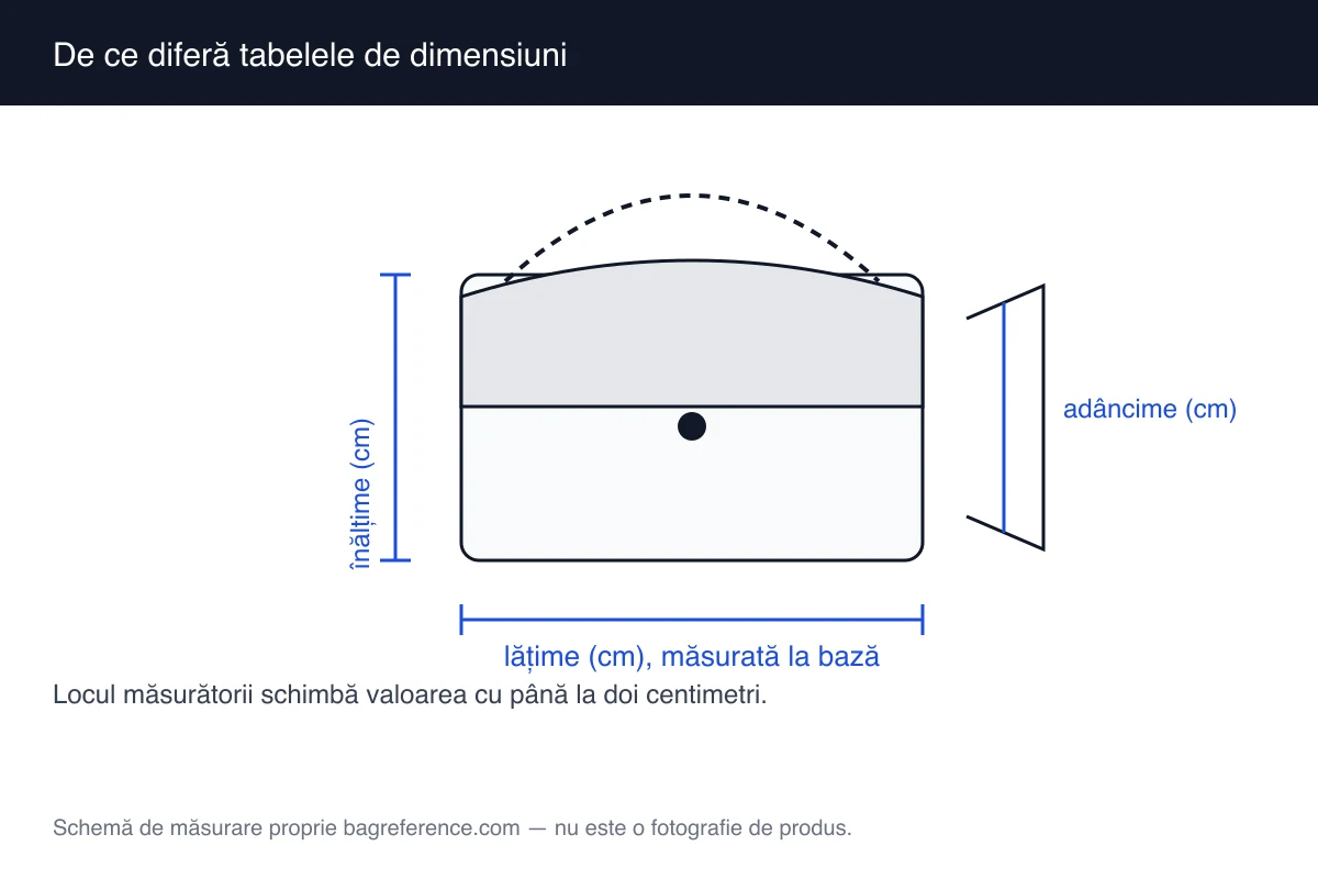 Schemă de geantă cu două puncte de măsurare marcate, unul la bază și unul peste quilting, alături de axele de dimensiuni