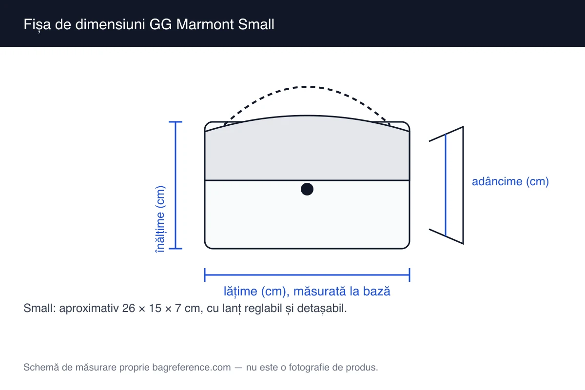 Schemă de măsurare a unei genți cu clapetă quiltată, cu lățimea de 26 cm, înălțimea de 15 cm și adâncimea de 7 cm marcate