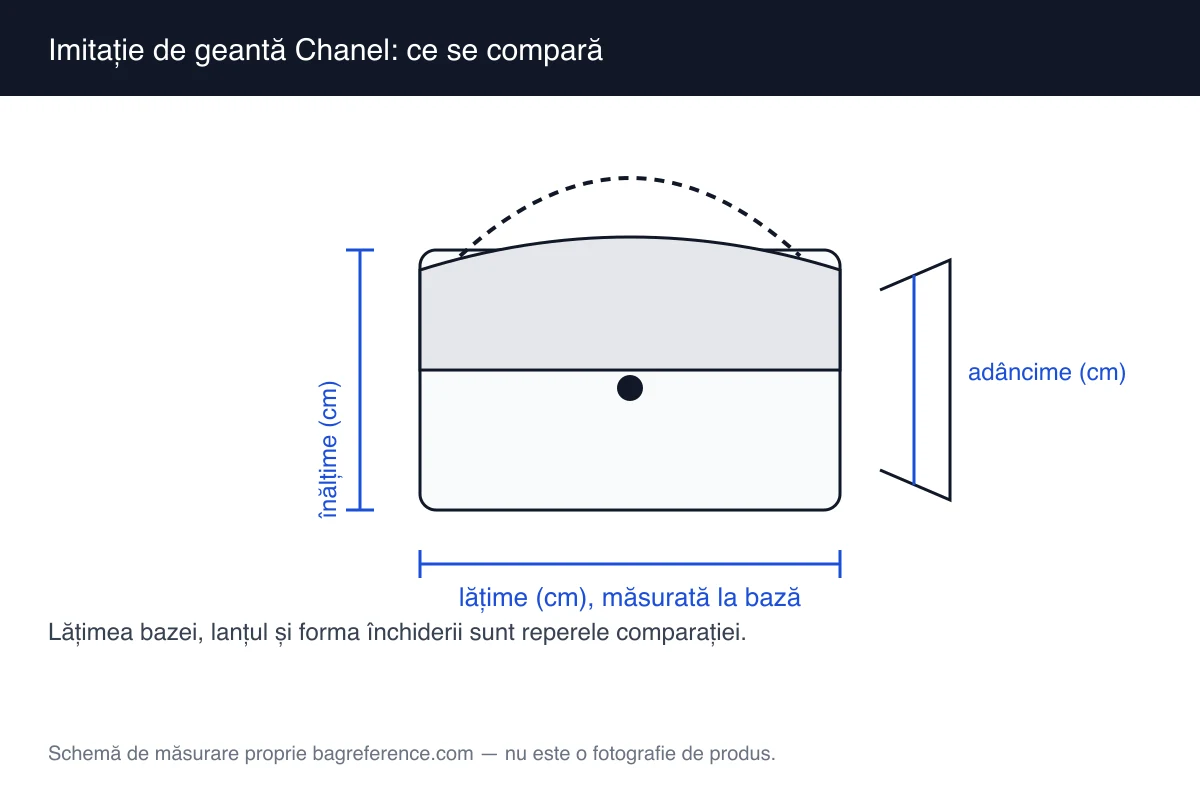 Schemă cu două genți cu clapetă alăturate, cu lanțul și zona de închidere evidențiate și axele de măsurare marcate