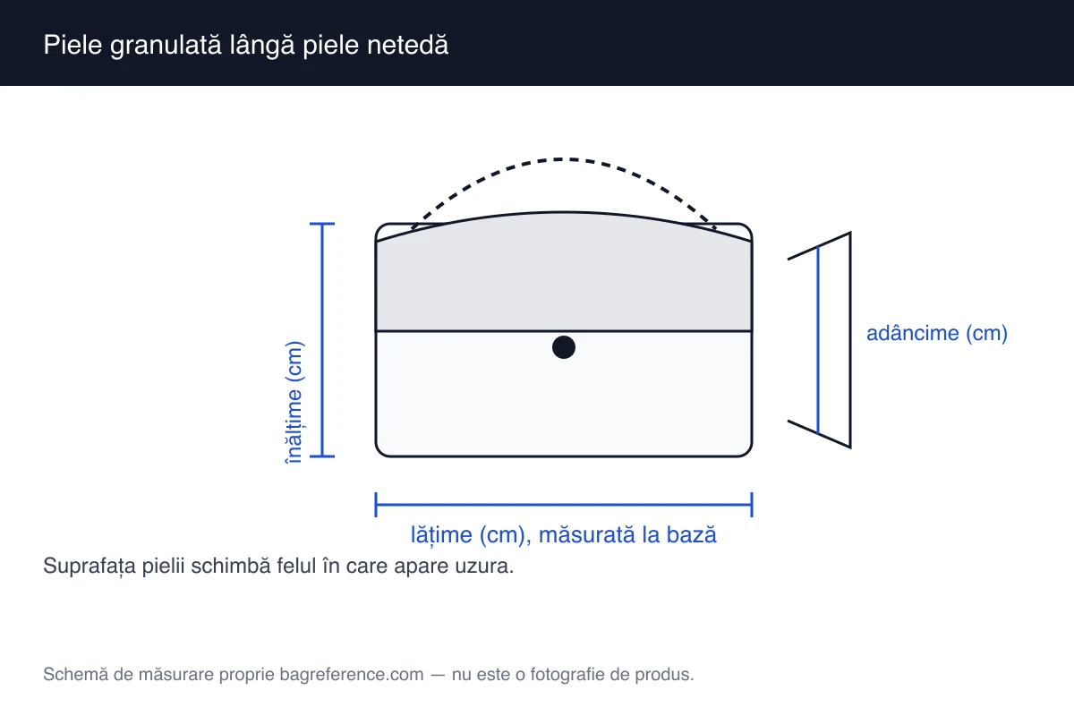 Schemă de geantă cu zone marcate pentru suprafața pielii și axele de măsurare vizibile