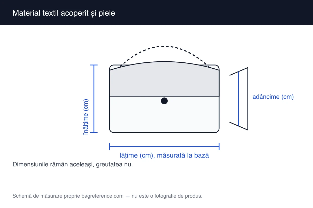 Schemă de geantă tip tote cu zone marcate pentru materialul exterior și axele de măsurare vizibile